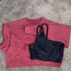 Girlfriend Collective Maroon Sweatshirt and Black‎ One Shoulder Sports Bra Set